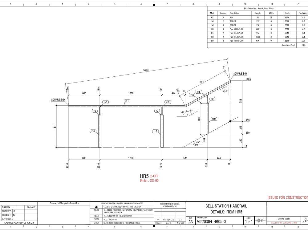 Bell station blueprint of metal handrail