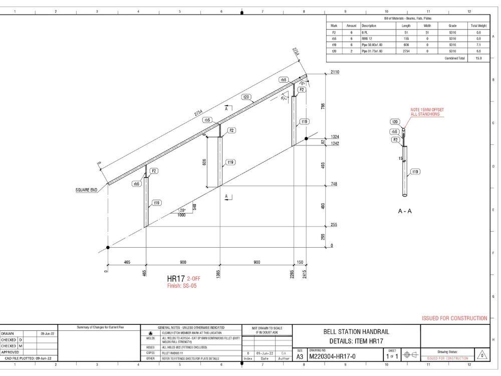 Bell station handrail blueprint done by metal fabrication experts at Mechcon