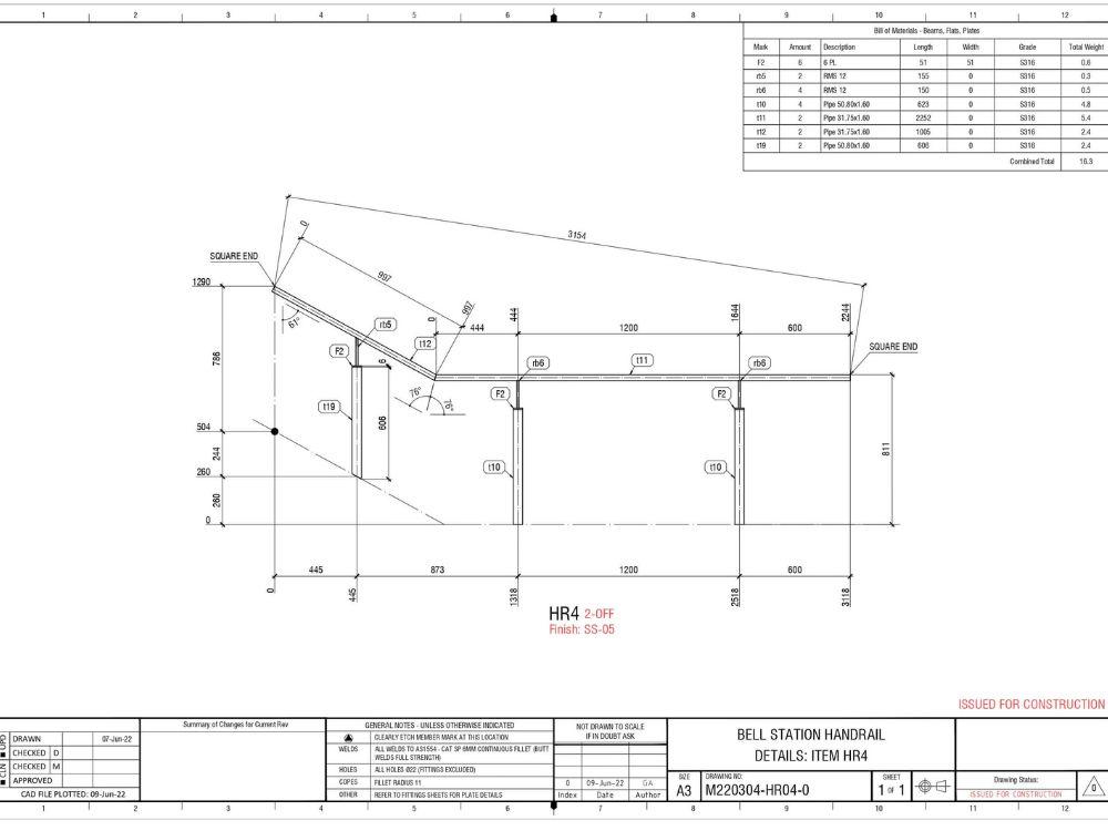 blueprint of steel handrails in bell station