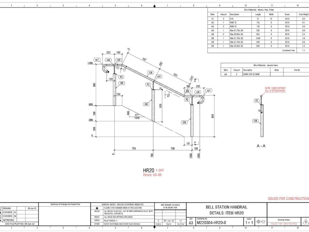 steel handrails and balustrades drawing by Mechcon for Bell Station